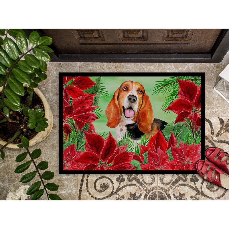Tapis de porte pour l’extérieur antidérapant basset hound poinsettas, Rectangle 24 po x 36 po