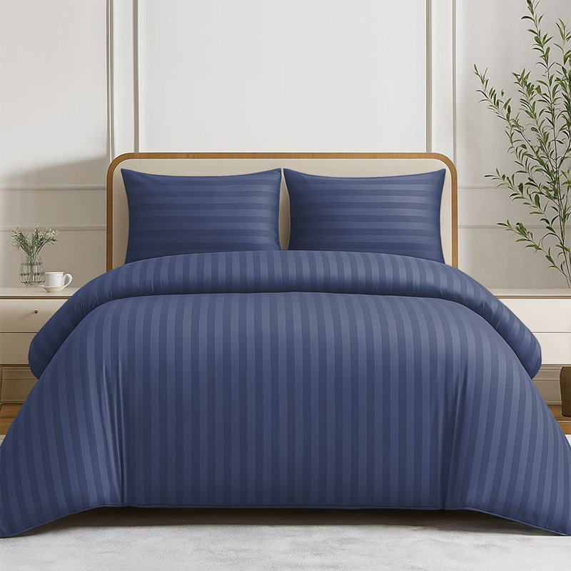 Striped 4-Piece Microfiber Bedding Set, Duvet Cover, Fitted Sheet & Pillowcases , Washed Blue Striped