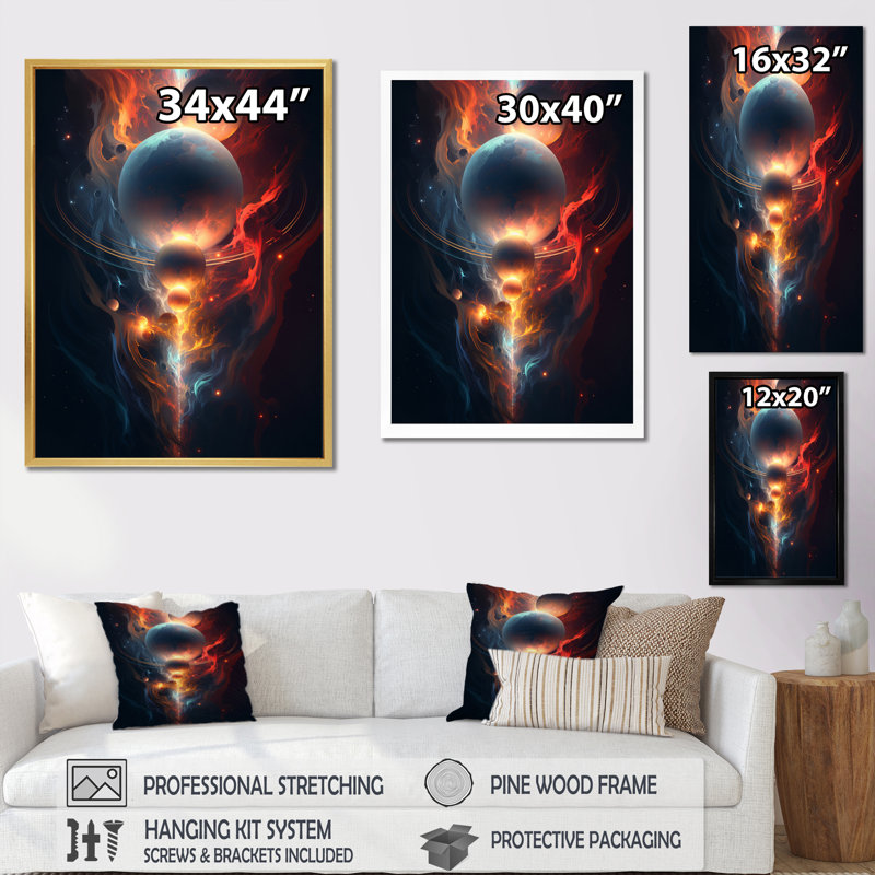 Merveilles universelles orange bleues sur toile, Cadre flottant noir, H 32 po x l 24 po x P 1 po