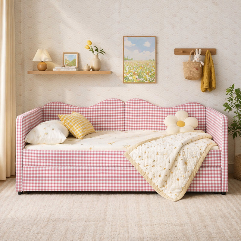 Lit de jour avec lit gigogne escamotable, Lit simple, Rose