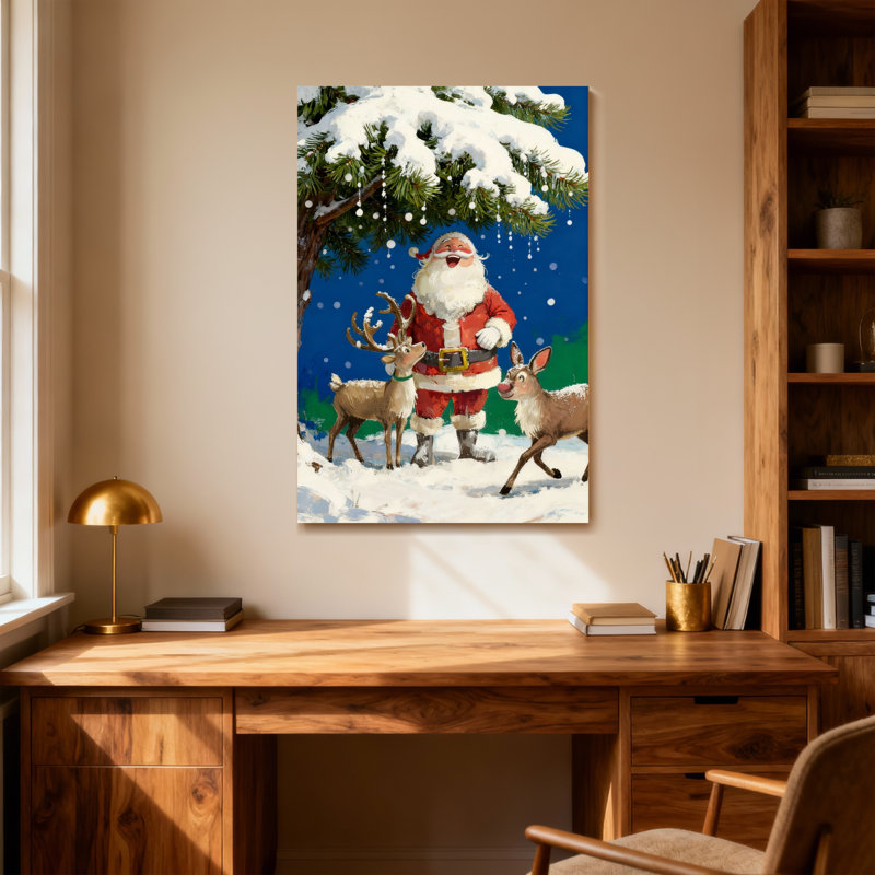 Noël père Noël avec renne dans la forêt enneigée, H 24 po x l 16 po