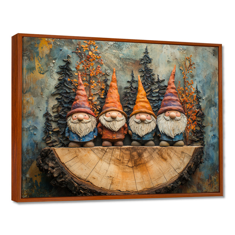 «Autumn Gnomes Family Into The Woods IV» - art mural gnome, Brun, Cadre flottant, H 24 po x l 32 po
