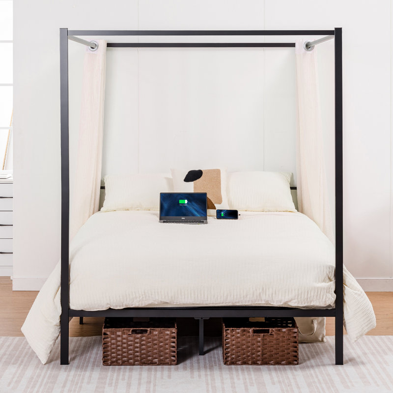 Canopy Bed Frame, Metal Bed Frame With Movable Charging Station, Four-Poster Canopy Bed With Built-In Headboard And Under Bed Storage Space, No Box Spring Needed, Easy Assembly, Black