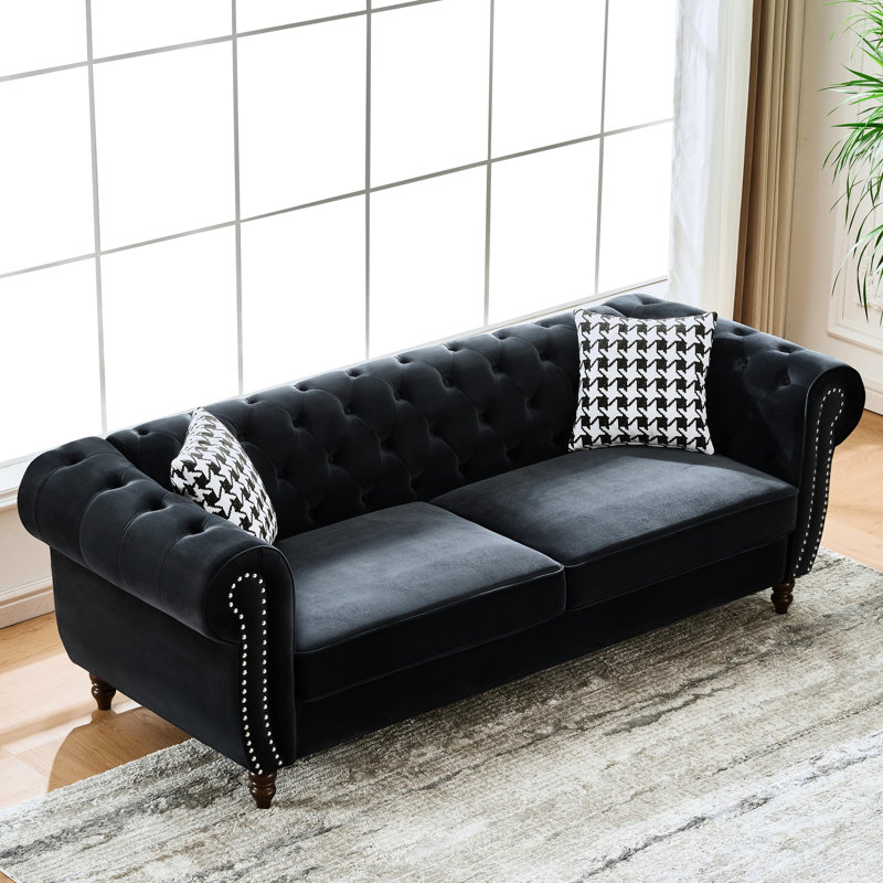 Canapé 2 places en velours noir 170 cm (67 po) avec accoudoirs arrondis et clous décoratifs, style européen pour salon, assise mi-ferme, garnissage en mousse haute densité, structure en pin massif, accoudoirs arrondis, noir, bois