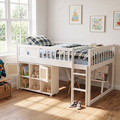 Cubby Low Loft Kids Bed with Storage Shelf and Cabinet