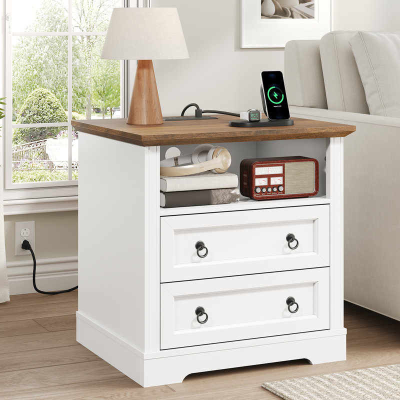 Table de bout Farmhouse avec 2 tiroirs et tablette de rangement ouverte, table de chevet avec station de charge , Blanc, 1