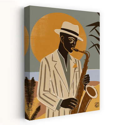 Cool Jazz Sunset Elegant Retro Vintage Palm Landscape Sunset Wall Art Print 1 Piece Wrapped Canvas Wall Art
