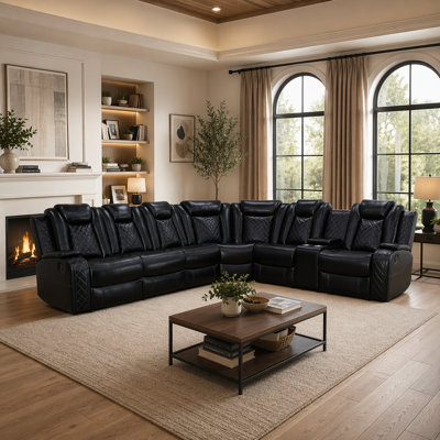 Ensemble modulaire inclinable électrique en similicuir noir respirant avec canapé, causeuse, coin d'angle, porte-gobelets, rangement, ports USB et base DEL