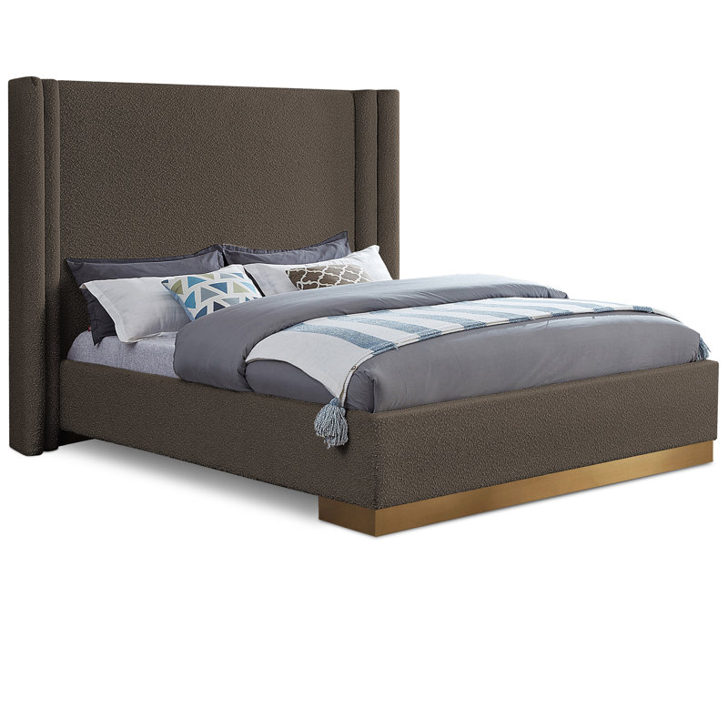 Kiyra Upholstered Wingback Bed, Brown Boucle Fabric, King