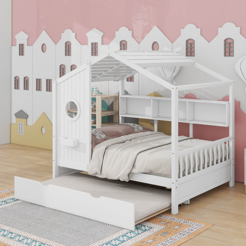 Lit avec lit gigogne Asahn, Lit double, Blanc