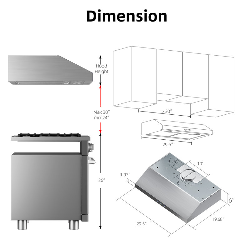Hotte sous un meuble à conduit 30 pouces 900 pi³ / min en acier inoxydable avec lumières DEL Terisitar, évent supérieur / arrière