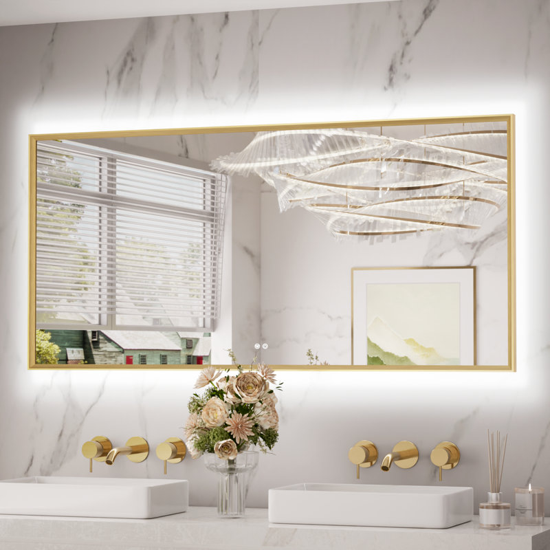 Miroir de salle de bain à DEL avec rétroéclairage, miroir de meuble-lavabo, bord biseauté avec cadre en métal, 3 lumières de couleur, désembuage sécuritaire