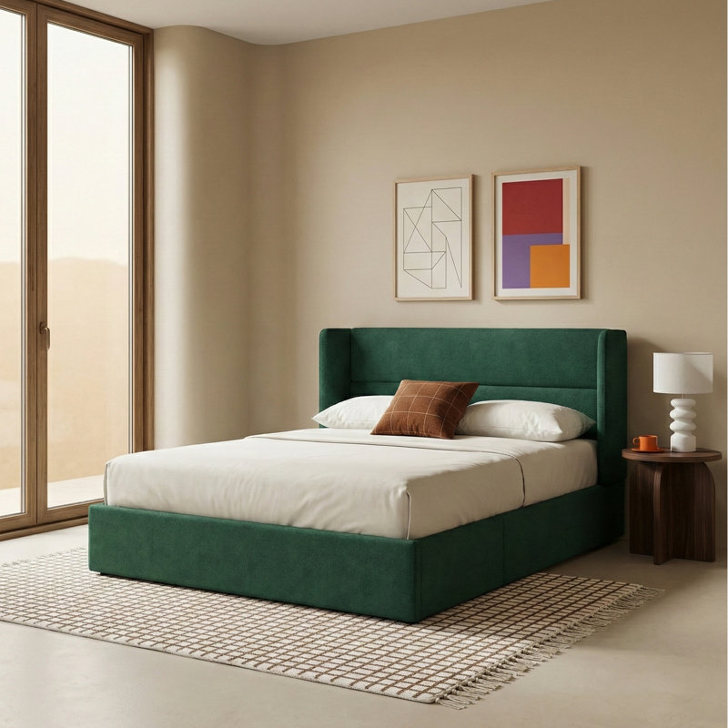 Lit plateforme tapissier avec rangement Gaillarde, Vert foncé, Très grand