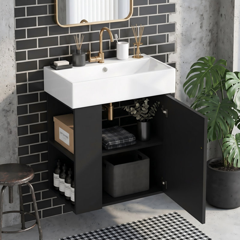 Ensemble de meuble-lavabo simple 21,6 po avec plateau en céramique Torkelson, Matte Black/Midnight Black