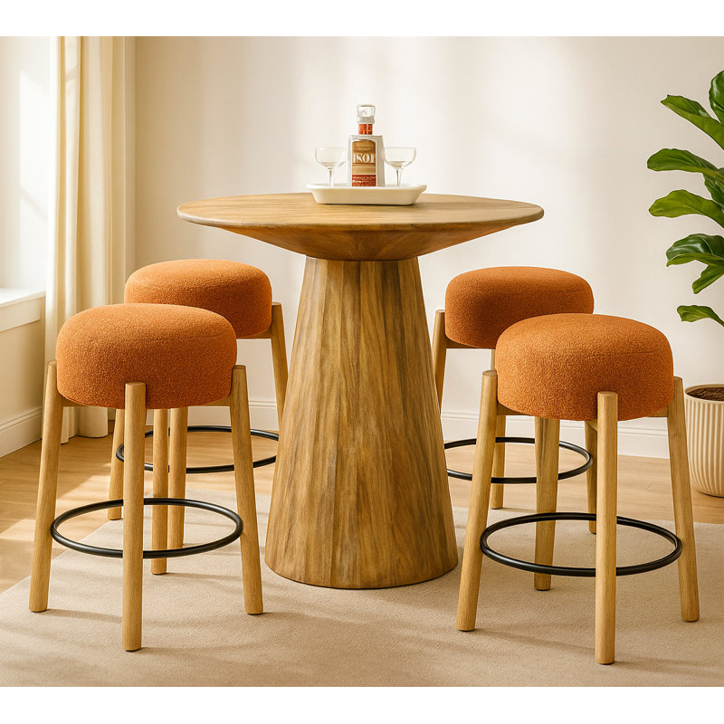 Iyonna 36" Counter Table Set With 4 Natalia Counter Stools In Rust Boucle Fabric