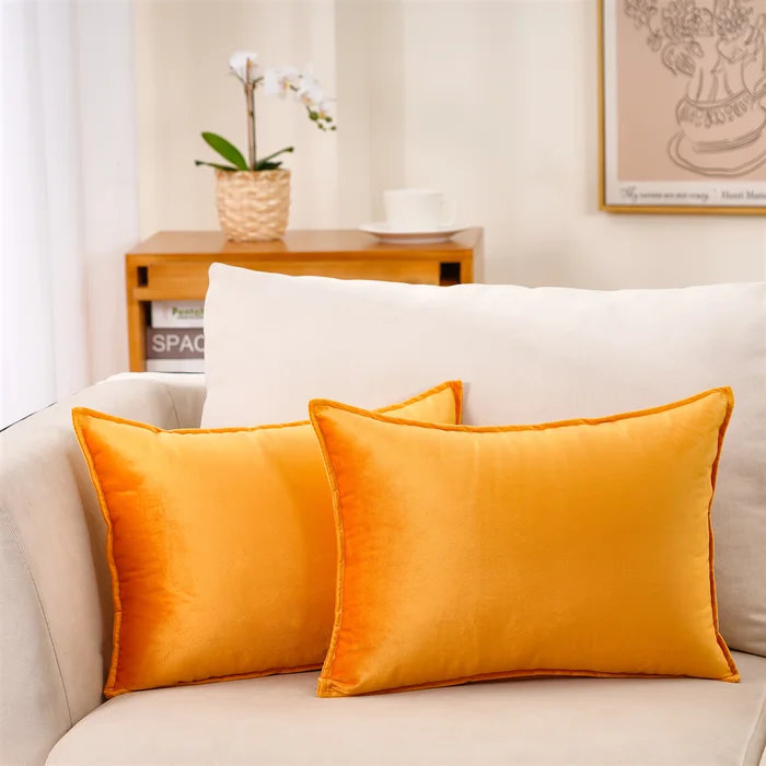  Housse et insert de coussin carré en velours, Orange jaune, H 14 po x l 20 po x P 1 po