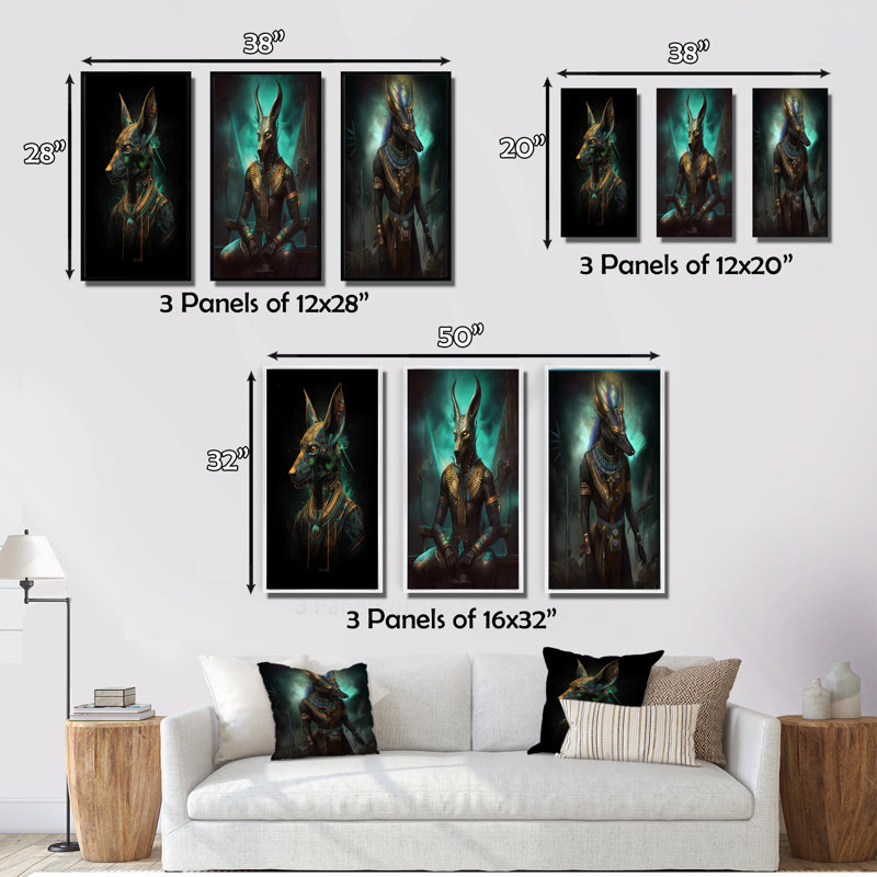 "Vintage Anubis Ancien Egyption Jackal God VII" 3 - Pièces sur, Cadre flottant noir, H 28 po x l 36 po