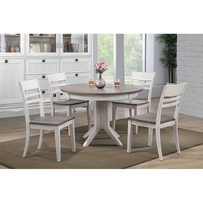 Iconya Contemporary Round Extendable Solid Wood Dining Set in White and Grey (seats 4-6 people) With a Takeout Leaf