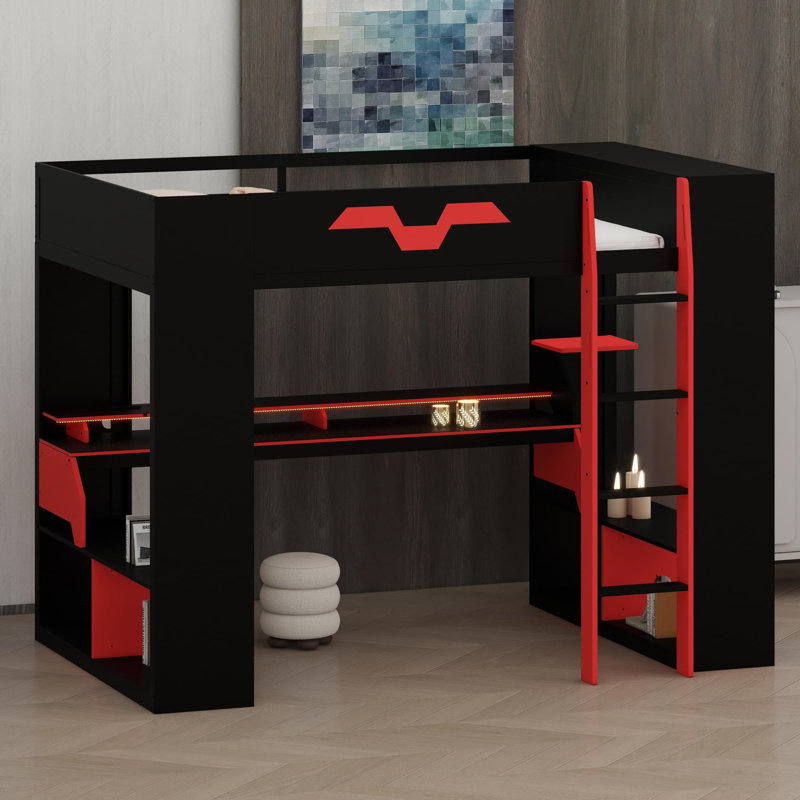 Modern Loft Bed with Integrated Power Hub, Multi-Port Charging, and Customizable Ambient Lighting, Red