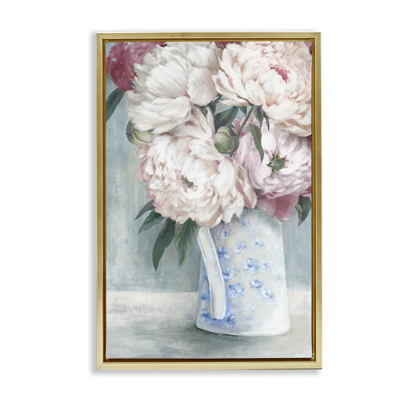  «Peony Blossom Vase», toile encadrée brune par Alex Black, H 25 po x l 17 po, Cadre flottant métallique doré