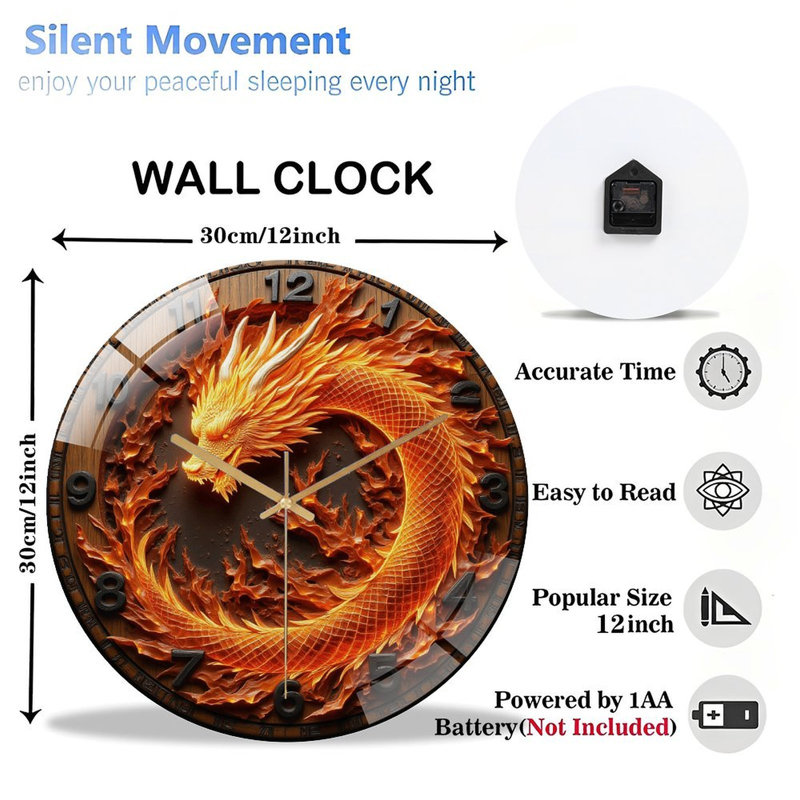 Horloge murale silencieuse en verre trempé de 30 cm, « Horloge murale Dragon de feu », œuvre d'art décorative unique. Fonctionne sans tic-tac, avec des piles AA (non incluses). Décoration artistique pour la maison.