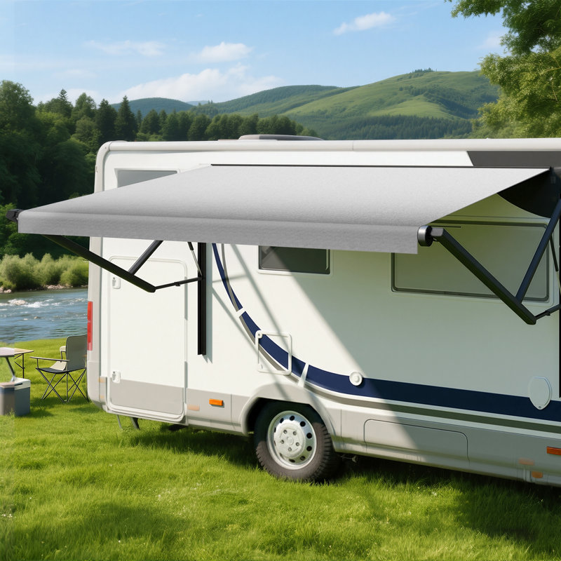 Retractable Rv/Patio Awning, Heavy Duty Weatherproof Canopy With Lights, One-Touch Swich, White, White