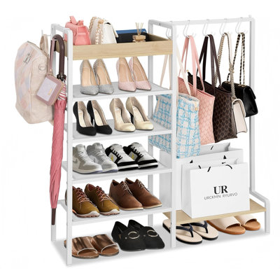 2 In 1 Shoe Rack For Closet With Purse Organizer, 5 Tier Shoes Shelf With Wooden Tray And Removable Shelves, Storage Organizer For Entryway, Garage, H