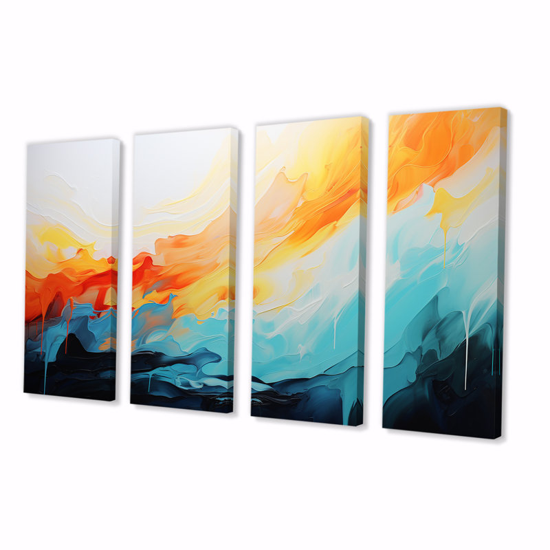 «Blue and Orange Colorful Abstract Waves I», ensemble de 4 peintures murales abstraites, H 28 po x l 48 po
