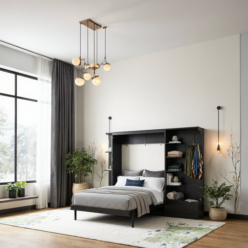 Grand lit escamotable avec rangement et lumières, tablettes intégrées, lit mural peu encombrant, Black