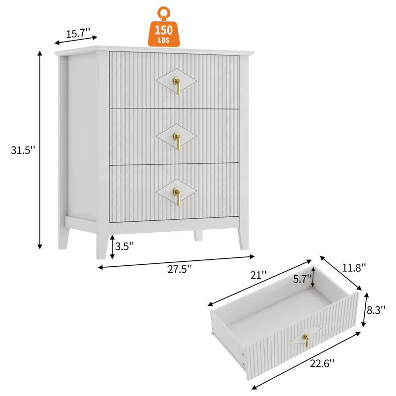 69.9 cm W Chest of 3 Drawers, White