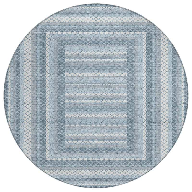 Tapis lavable intérieur et extérieur rond 8 pi bleu et ivoire en denim