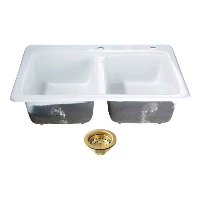 Kingston Brass Petra Galley 15-Inch Cast Iron Self-Rimming Double Bowl Bar Sink With Drain And Stainer, Brushed Brass, 2