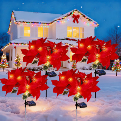 Solar Christmas Flower Lights-IP65 Waterproof XS Pathway Lights,Outdoor Christmas Decorations With 7 Bouquets/1 Stake,Unique Flower Design Complement The Christmas Trees For Garden/Yard/Patio,4 Packs