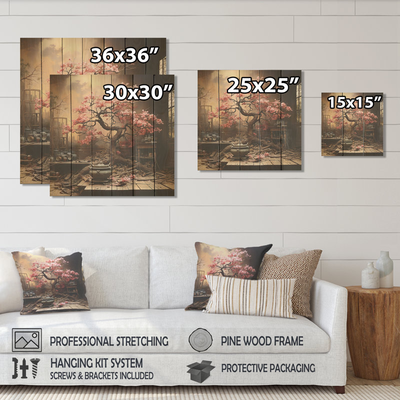 Bonsaï rose rose en fleur - Bonsaï sur bois, H 36 po x l 36 po