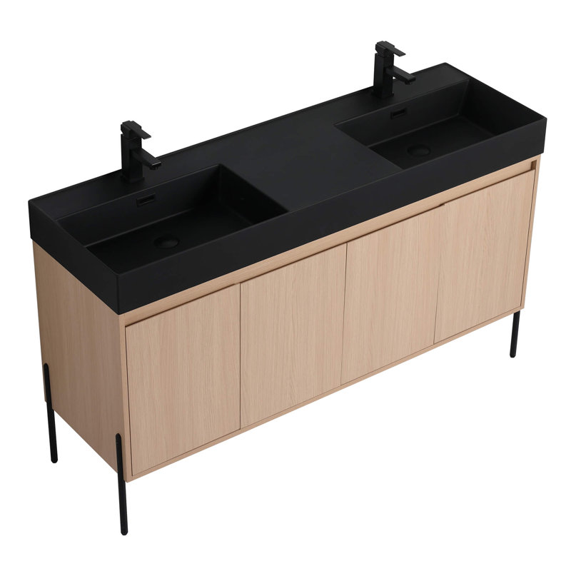 Meuble-lavabo double 60 po Ebord Designs Yordana Ebern Designs, Chêne blanc, Noir, noir, noir, noir