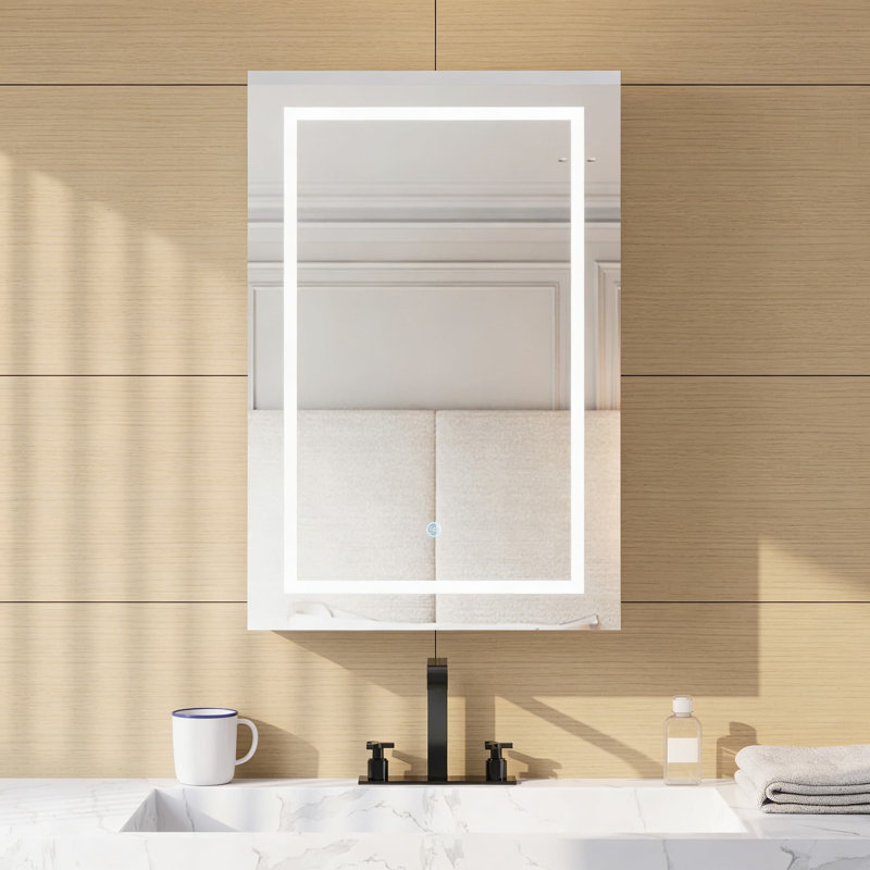Armoire à pharmacie à DEL avec miroir, armoire de salle de bain anti-buée avec éclairage réglable en 3 couleurs, rangement mural avec désembueur et prise de courant intégrée