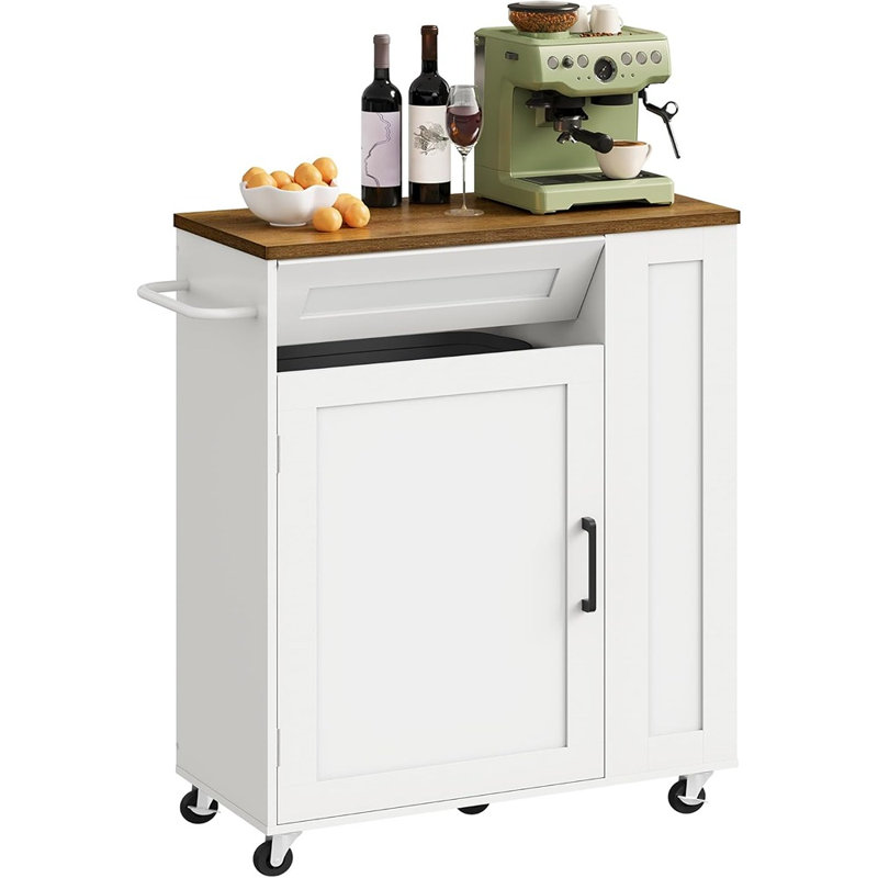 Kitchen Island Cart With Storage Cabinet, Mobile Kitchen Island Trolley With Hidden Trash Bin Cabinet For Kitchen Or Dining Room, White And Walnut