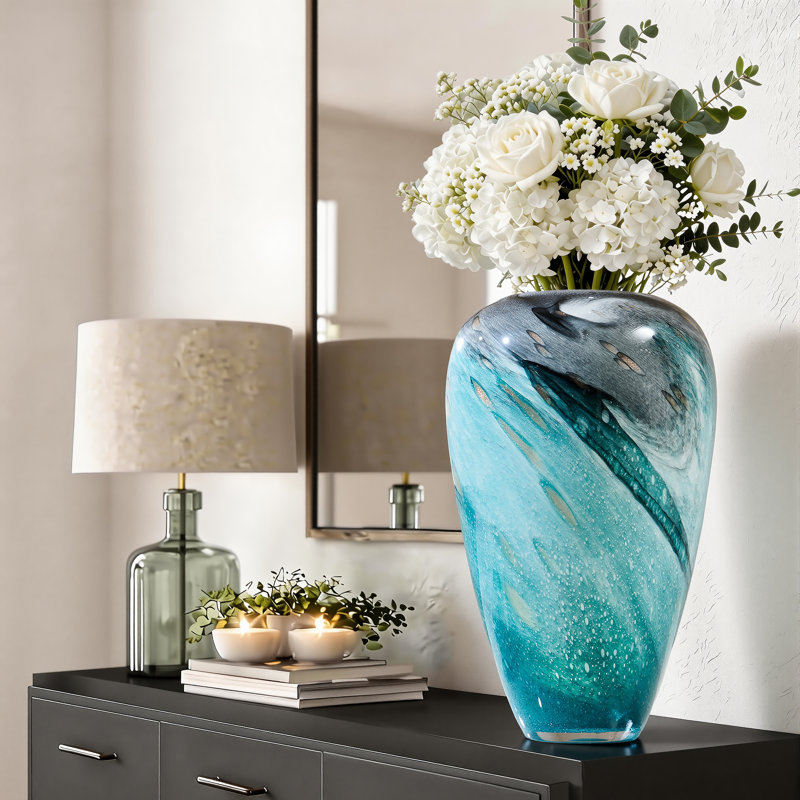Vase de table moderne en verre soufflé à la main peint à la main en verre texturé coloré, H 13,8 po x l 8,3 po x P 8,3 po