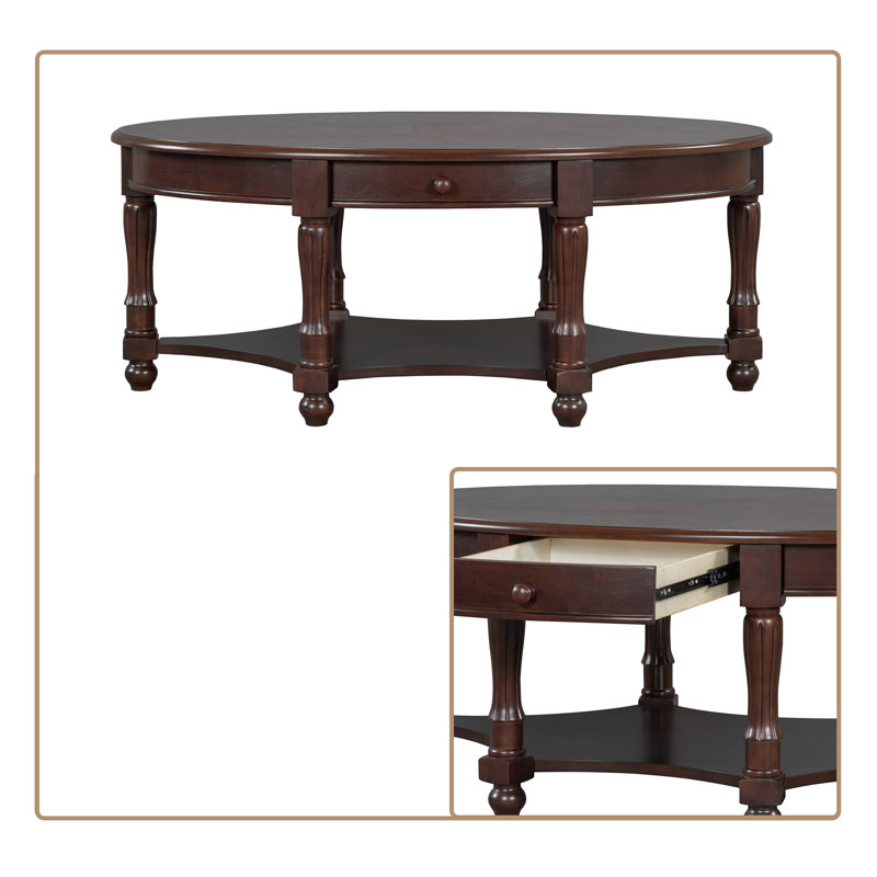 Table basse vintage ovale avec tiroir de rangement et tablette ouverte, 6 pieds, Noyer