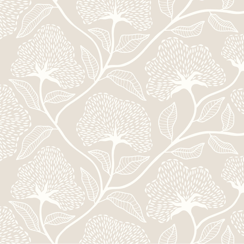 Dash Trail - Oatmilk 10m Wallpaper, Grey Floral