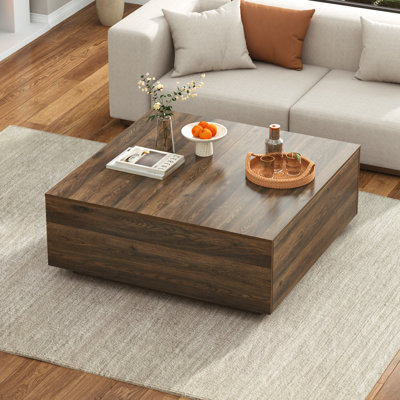 Table basse moderne carrée 43 po avec 2 tiroirs, grande table centrale carrée, table basse en bois pour le salon