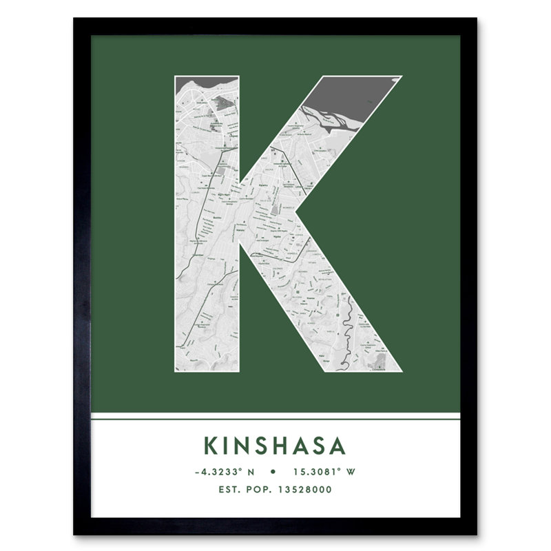Kinshasa City Map Kinshasa Green by Wee Blue Coo - Single Picture Frame Typography