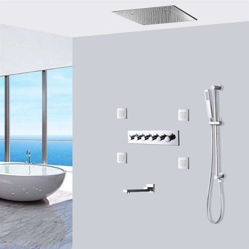 Modica Phone Controlled Thermostatic LED Rainfall Waterfall Shower Head System with Square Handheld Shower, Chrome Polished