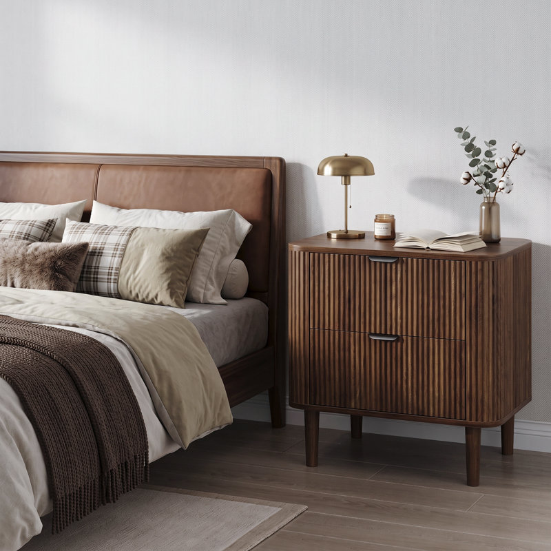 57cm Wide Bedside Table Wood Nightstand 2-drawers, Walnut