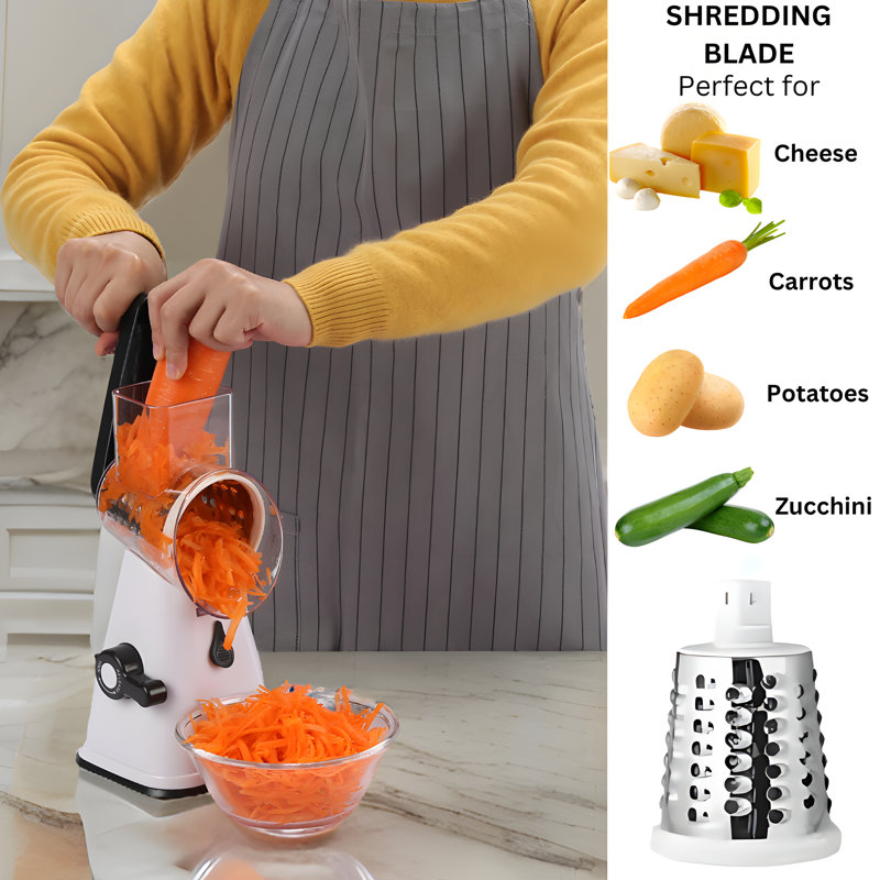 White and Black Multipurpose Rotary Cheese Grater with Stainless Steel Blades