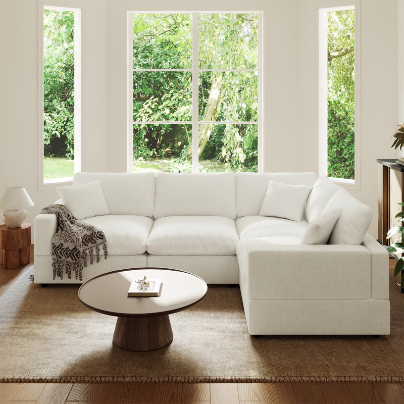 Upholstered Cloud Couch, Modular Sectional Sofa L-shaped Couch for Living Room Bedroom, Cream