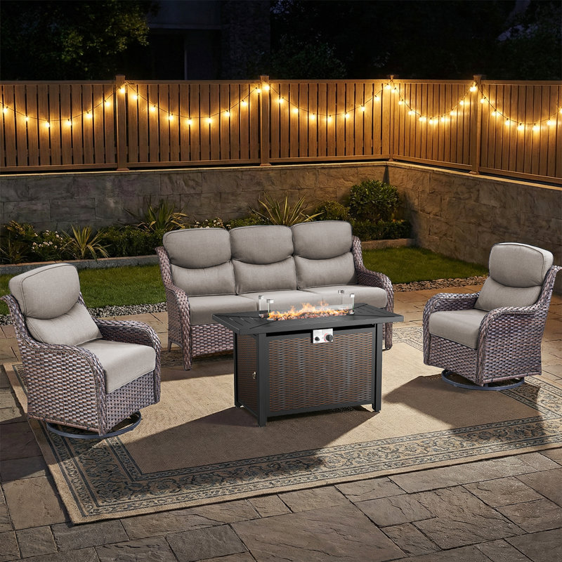 Anner 4-Piece Wicker Rattan Patio Conversation Set With Rectangle Metal Fire Pit Table And Swivel Gliders, Brown, Gray