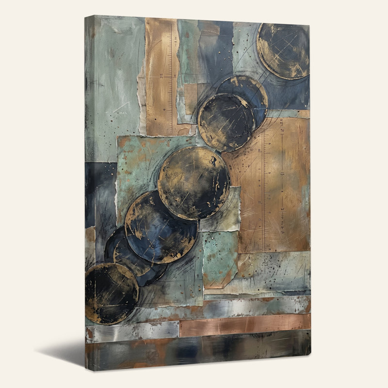 Tableau sur toile représentant des cercles abstraits et des règles en cuivre, H 48 po x l 36 po