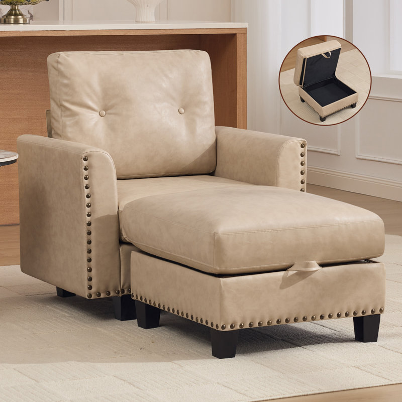 Canapé modulaire en similicuir avec repose-pieds de rangement, 1 Seat + 1 Ottoman, Ivoire ivoire