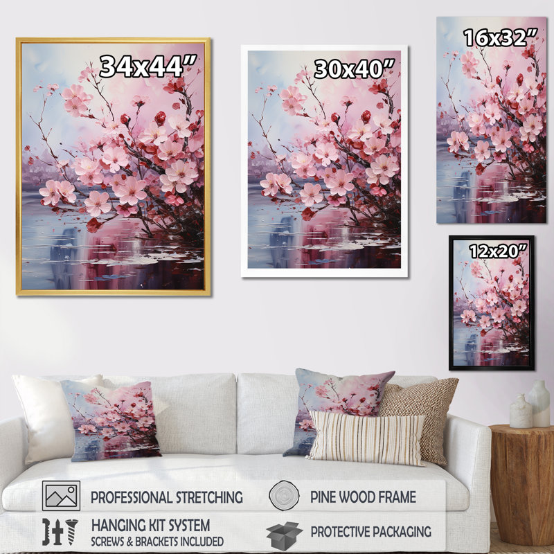 «Cherry Blossom Flower Meadow II», reproduction sur toile, H 40 po x l 30 po x P 1,5 po, Cadre flottant blanc